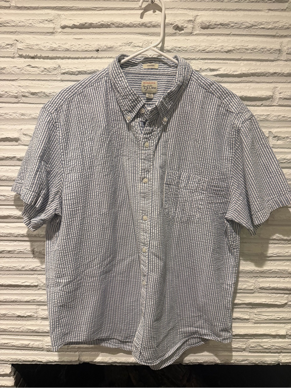 J. Crew Light Blue and White Striped Seersucker Short-Sleeve Button-Down Shirt